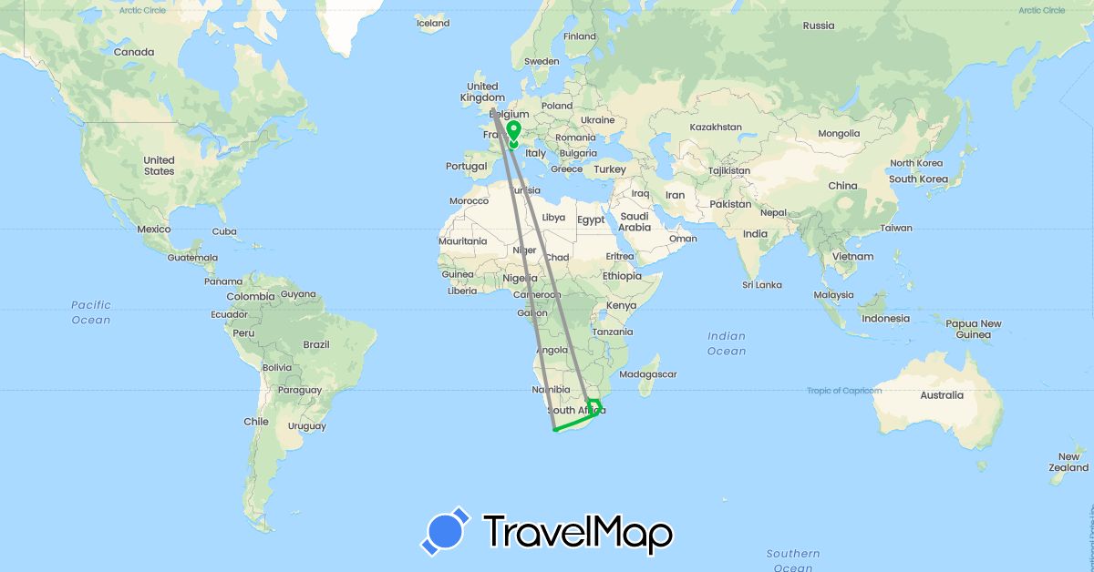 TravelMap itinerary: driving, bus, plane in France, United Kingdom, Lesotho, Swaziland, South Africa (Africa, Europe)